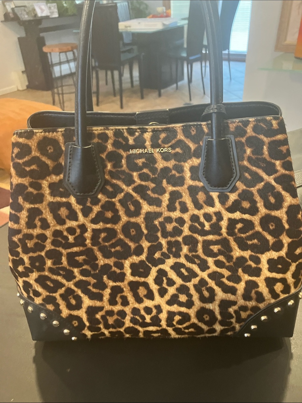 Michael Kors Leopard-calf hair Tote in Brown and Black, gold metal stud detail